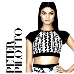 Peter Pilotto for Target Black White Short Sleeve Crop Cut Out Swimsuit Top